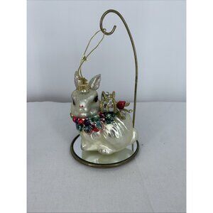 Fitz and Floyd Snowy Woods Bunny Rabbit Ornament Hand Blown Glass